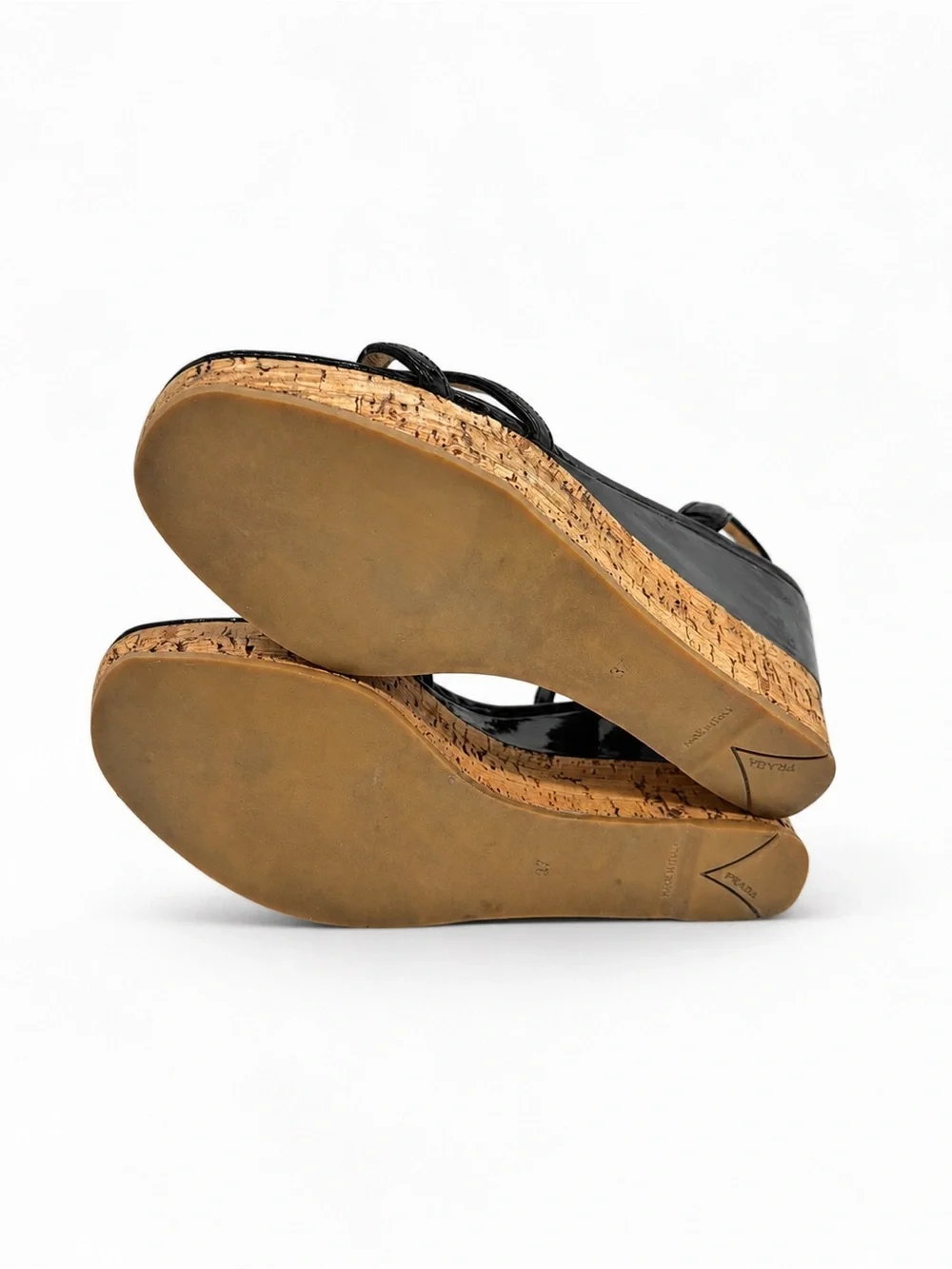 Prada Patent Leather Cork Platform Wedge Sandals